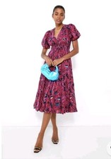Ulla Johnson Thelma Midi Dress 12 NWOT Fuchsia Pink Botanical Puff Sleeve Cotton