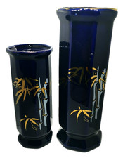 Showa Hexagonal Pair Cobalt Blue White painted Bamboo Porcelain Vases (382G)