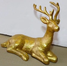 Vintage Large 7" Gold Gilt Christmas Laying Deer Sculpture MCM Shiny Heavy