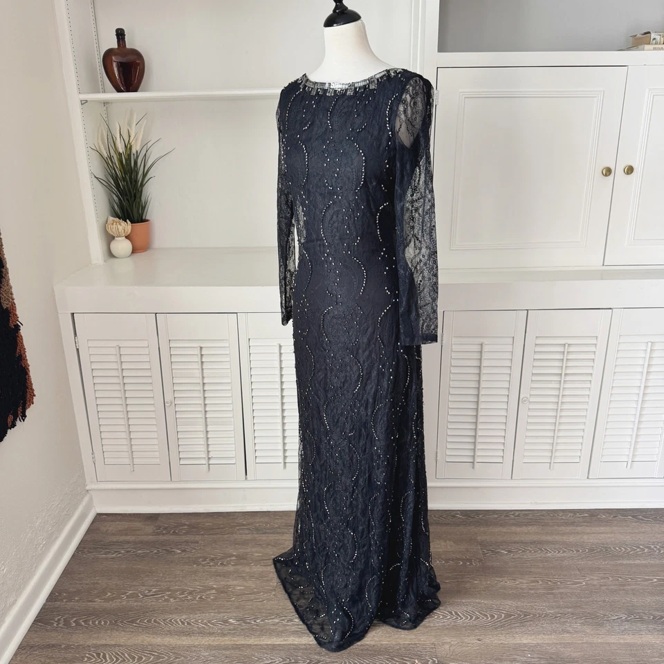 Free People Embellished Beaded Black Lace Long Sleeve Low Back Maxi Dress Size 6 - Image 3 of 4