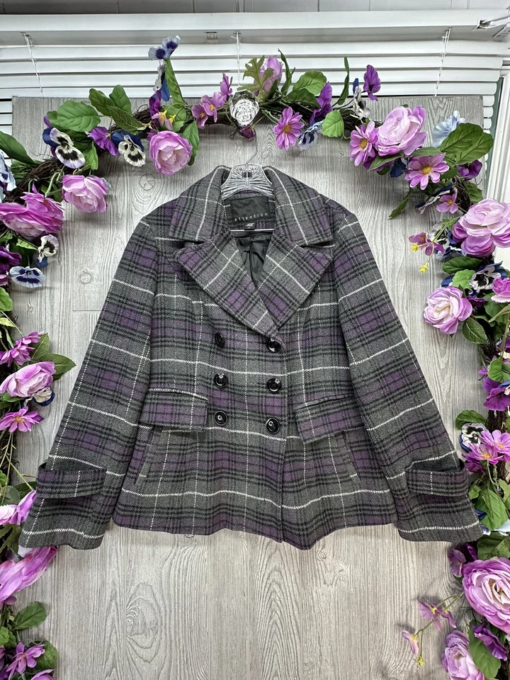 Chaqueta Abrigo Attention Pea Para Mujer Talla Grande Gris A Cuadros Doble Pecho, Forrada Foto 3 de 4