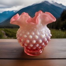 Fenton Cranberry Opalescent Hobnail Rose Bowl Vase 5 in tall