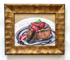 14x12” Oil Painting Canvas Chocolate Lava Cake Still Life Frame Signed By Artist