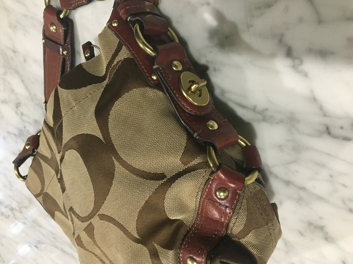 Coach Brown Leather Cloth Hobo Hand Bag Women 14 X 11