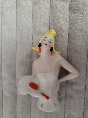 Art Deco German Half Doll With Hat, Feather Fan Marked 7946 Germany