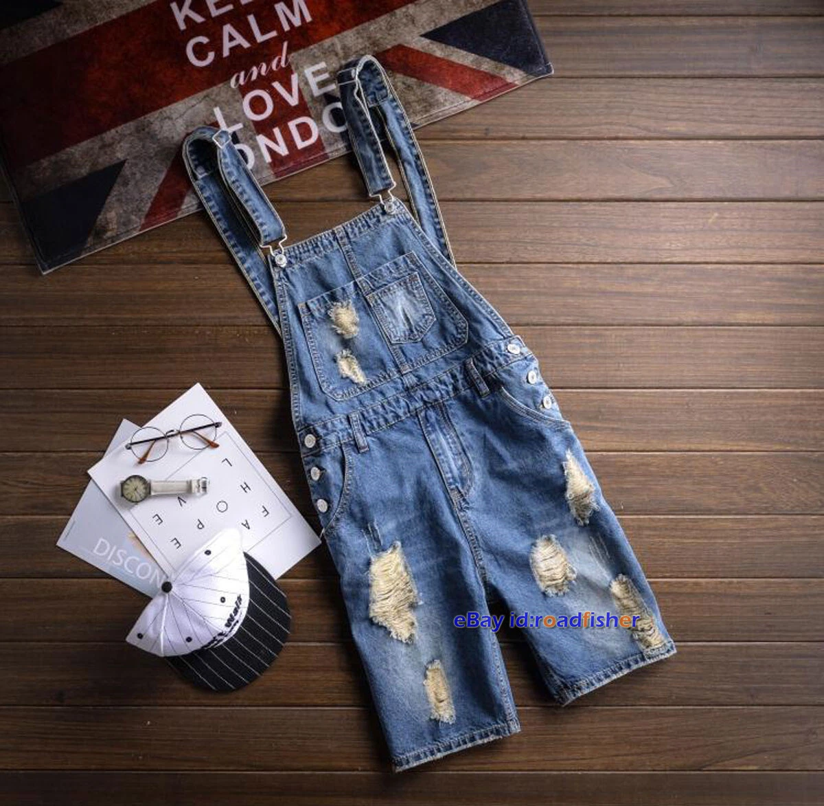 Mens Classical Denim Ripped Hole Jeans Suspender Jumpsuits