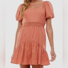 NWT City Studio Orange Lace Trim Puff Sleeve Square Neck Mini Dress XS XSMALL