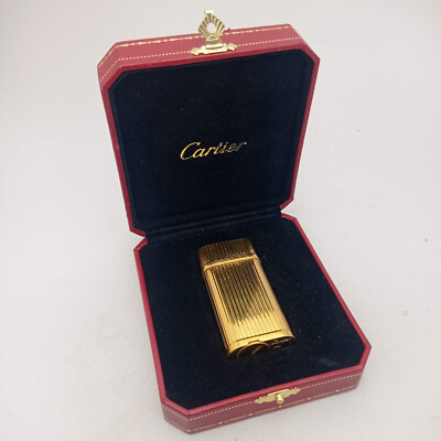 CARTIER GOLD PLATED GODRON STRIPE GAS POCKET LIGHTER EXCELLENT BOXED RARE 