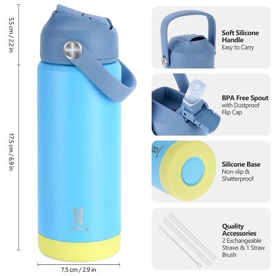18oz Kids Insulated Water Bottle with Straw Lid & Silicone Handle,Kids Leak Proof Water Bottle for School Boys Girls,Double Wall Vacuum Stainless