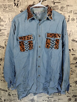Vintage David David Suede Animal Print Jean Denim Women Long Sleeve button down