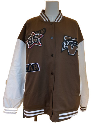 Bomber Baseball Jacket women's L Button Down Letter Print Varsity Brown/White