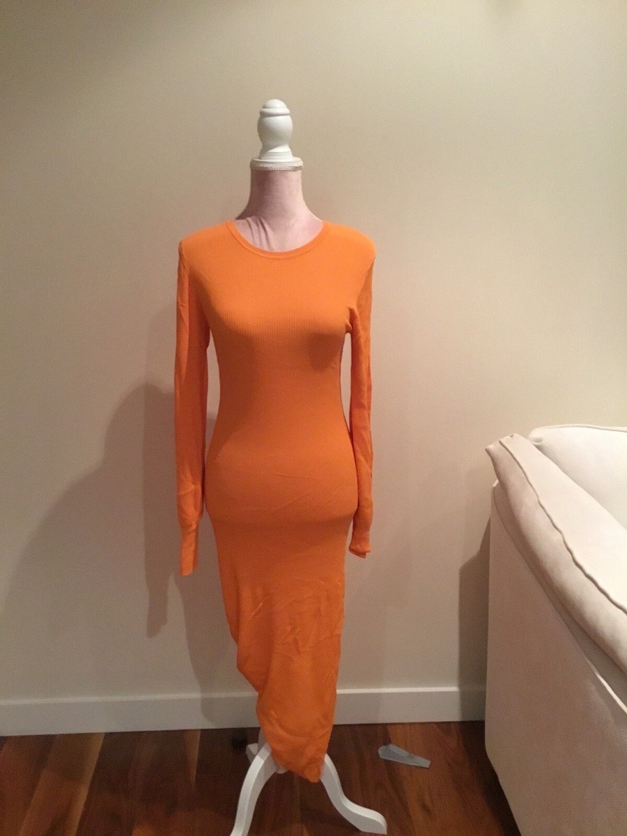 Zara orange long sleeve midi knitted ribbed dress with side split
