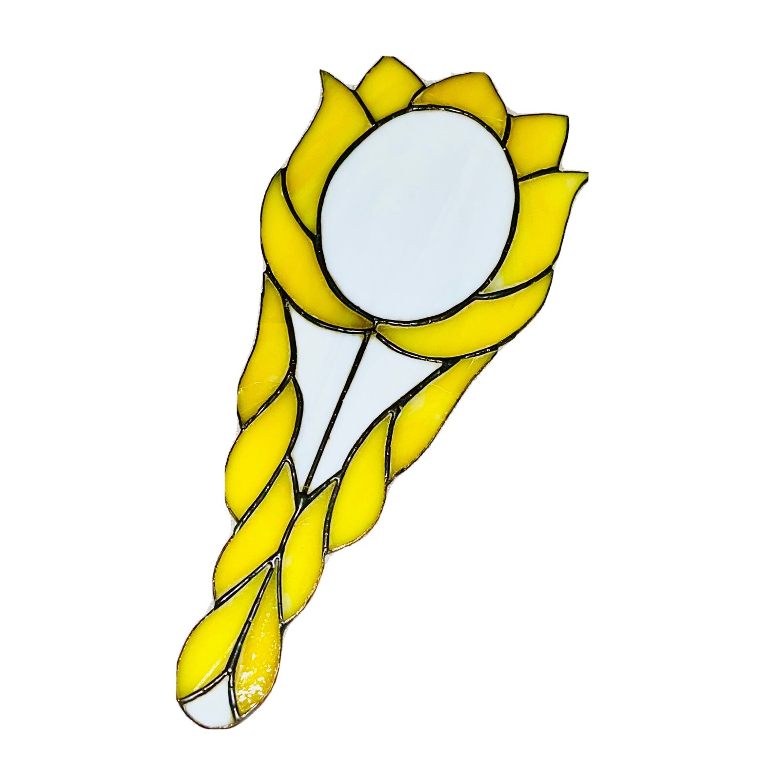 Vintage Stained Glass Hand Mirror Yellow Flower Shape Handmade