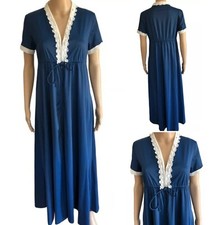 vtg VANITY FAIR Navy Blue 70s Robe/Night Gown Sz Small Daisy Trim Short Slv USA