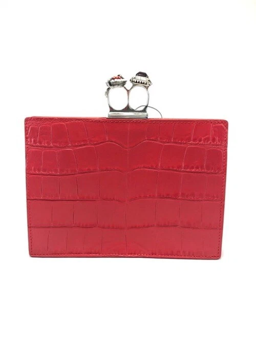 Alexander Mcqueen Jewelled Two Ring Red Leather Clutch