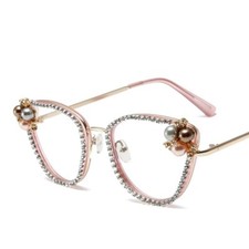 Elegant Rhinestone  Pearl Glasses, Anti-blue light glasses, Pink Temples