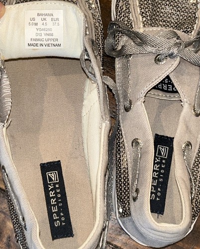Sperry Top Sider Boat Shoes Glitter Silver Sequin Sparkle Gray White Size 5 - Picture 5 of 6