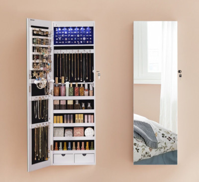 Schmuckschrank Spiegelschrank Wandspiegel mit LED-Innenbeleuchtung weiß JJC99WT
