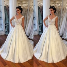 Elegant Wedding Dresses V Neck Sleeves Lace Applique Satin Bridal Gowns