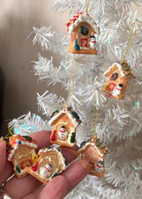 LOT of 6 Vtg MINI 1" Long GINGERBREAD HOUSE XMAS ORNAMENTS Hanging Brown Snowman