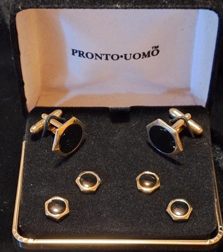 Vintage Pronto-Uomo Cufflinks Gold Tone Black Shirt Button Set | eBay
