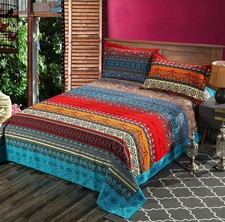 3 Pieces Exotic Striped Bohemia Flat Sheet with Pillow Shams,100 Sanded Cott...
