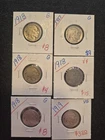 6 Vintage 1917-1919 Buffalo Nickels.  2 Higher Quality Coins