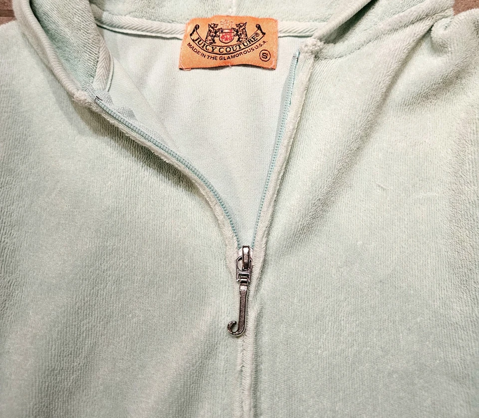 Sudadera con capucha para mujer Y2K Juicy Couture verde azulado costure terciopelo cremallera talla pequeña Foto 2 de 3