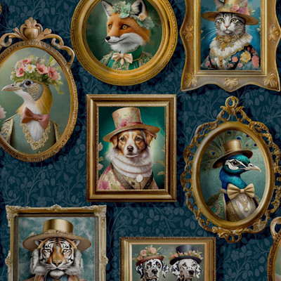 Marineblaue Tiertapete viktorianische Portraits Blumen Blatt Füchse Hunde Feature