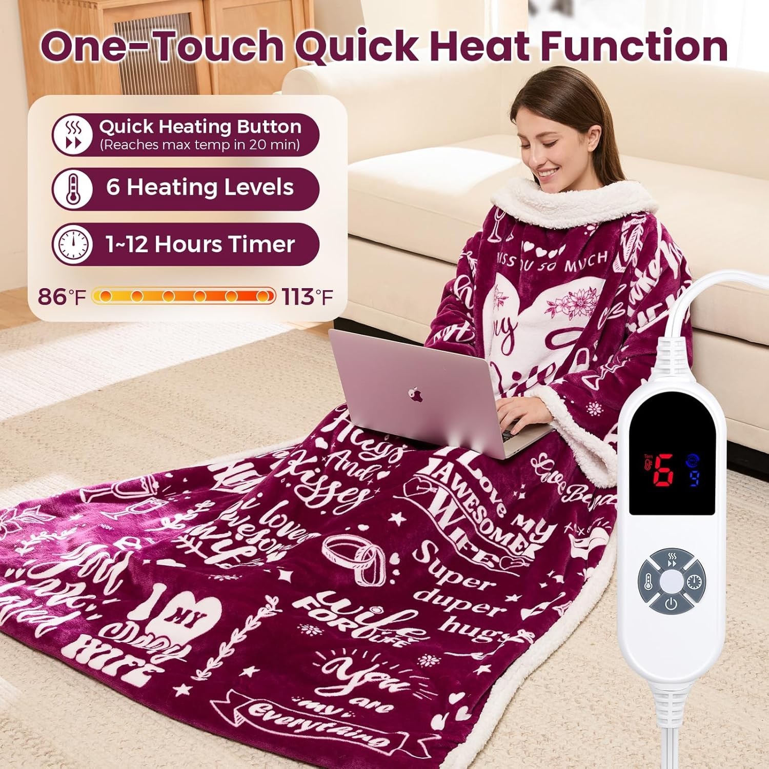 Wearable Heated Blanket with Sleeves Foot Pocket Electric Throw for Women Gift