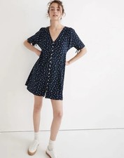 Madewell Silk Button Front Mini Dress In Twilight Blue Ditsy Floral Sz 4 Preppy