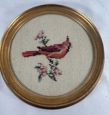 Needlepoint Framed Cardinal Bird On A Branch In Round Gold Frame