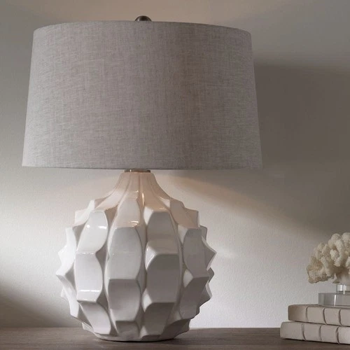 GUERINA URBAN MODERN 27" SCALLOPED GLOSS WHITE CERAMIC TABLE LAMP 27052 - Picture 1 of 6