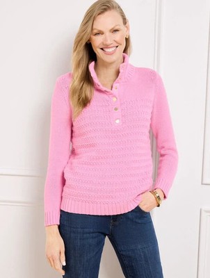NWT Talbots Womens Pink Wool Blend Half Button Knit Sweater Size L Barbie Preppy