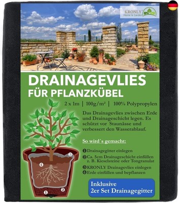 KRONLY Vlies für Blumentöpfe 2m x 1m + Drainagegitter 2 Stück verhindert St