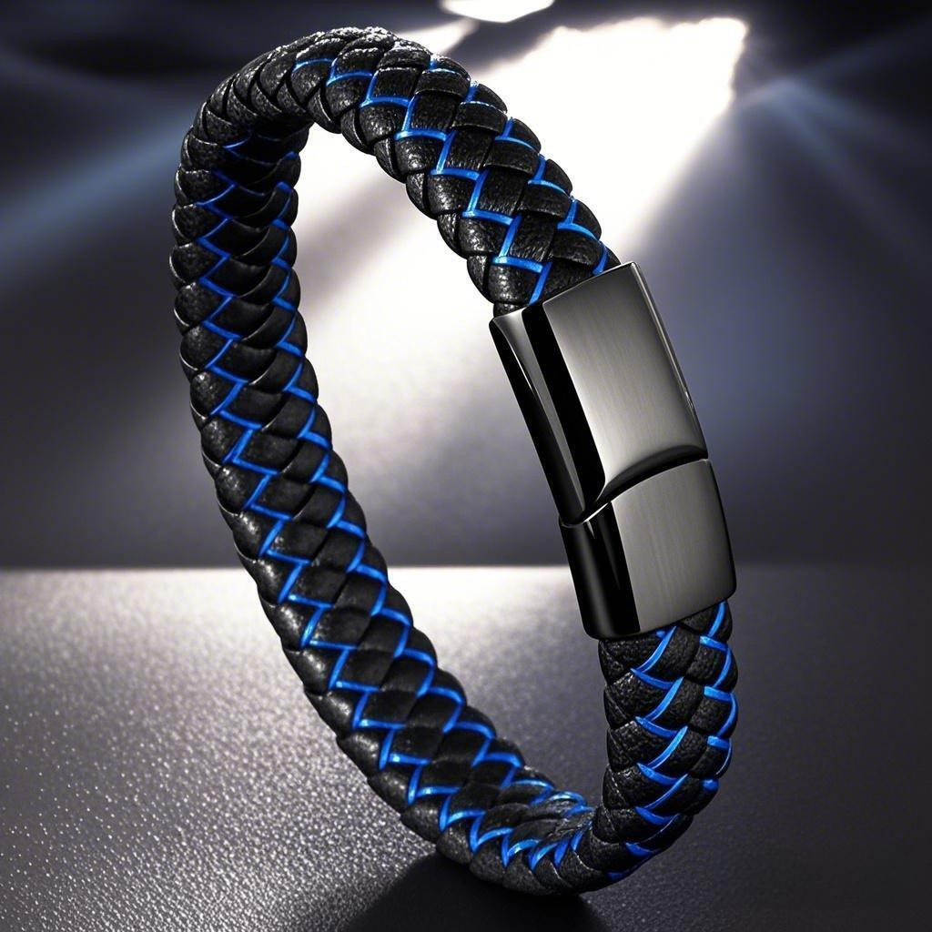 Black & Blue Leather Magnetic Bangle for Men - Stainless Steel Clasp Gift