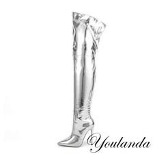 Silver Women's Over-The-Knee Boots Pointy Toe High Heel Zipper Stilettos Shoes