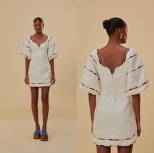 Farm Rio Colored Stripes Short Sleeve Mini Dress 100% Linen White S NWT!