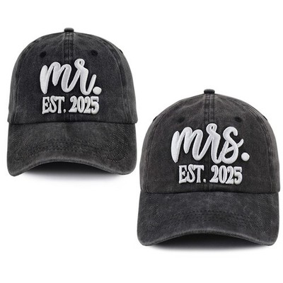 2pcs Mr & Mrs Est 2025 Matching Baseball Cap Set Wedding Anniversary Gift Gray