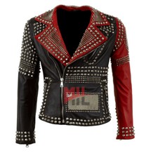 Handmade Men's White Black & Red Studded Patches Genuine Leather Jacket