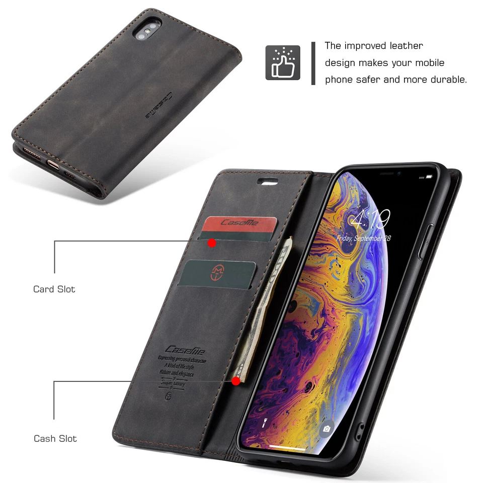 Funda tipo billetera magnética de cuero abatible con soporte para iPhone 7 8 Plus XS Max XR X SE Foto 3 de 4