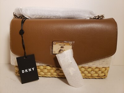 DKNY Elissa Brown Leather flap Woven  Straw shoulder bag new w/tag