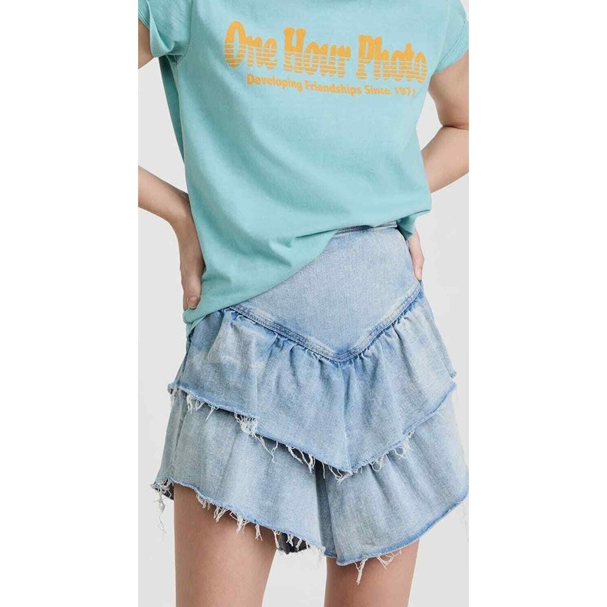 MOTHER The Ruffle Mini Raw Edge Skirt Womens 25 Blue Action Shot Wash Denim