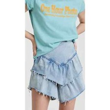 MOTHER The Ruffle Mini Raw Edge Skirt Womens 25 Blue Action Shot Wash Denim