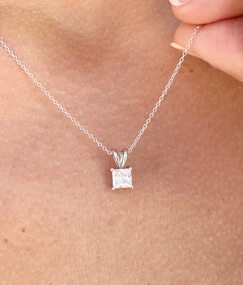 1/4ct Princess Cut Diamond Pendant - 14K White Gold Solitaire Necklace With Chain - View #8