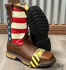 MEN'S WORK BOOTS AMERICAN FLAG SOFT & STEEL TOE SQUARE COWBOY GENUINE LEATHER US