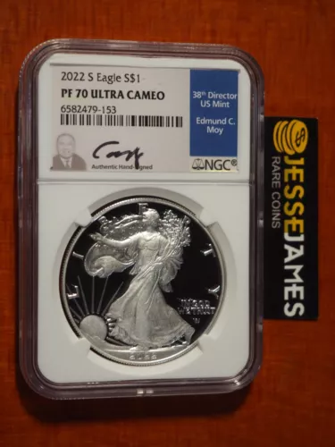 2022 S PROOF SILVER EAGLE NGC PF70 ULTRA CAMEO EDMUND MOY HAND SIGNED BLUE LABEL