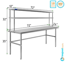 24" x 72" Stainless Steel Open Base Table With 12" Wide Double Tier Overshelf