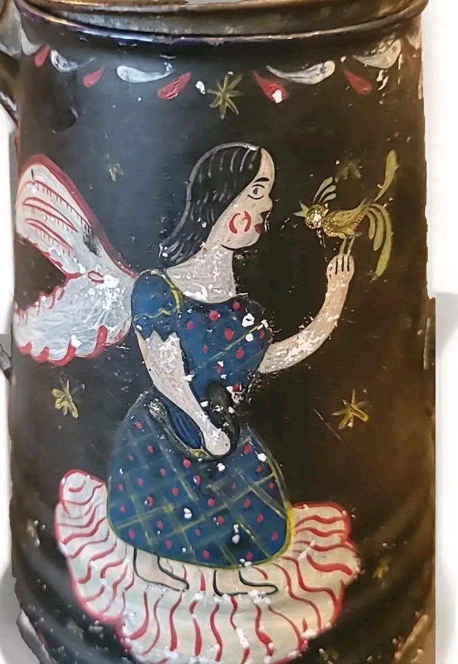 ANTIGUA Primitiva Toleware Pintada Ángeles Cafetera Paloma Tulipán Arpa Firmada RARA Foto 4 de 4