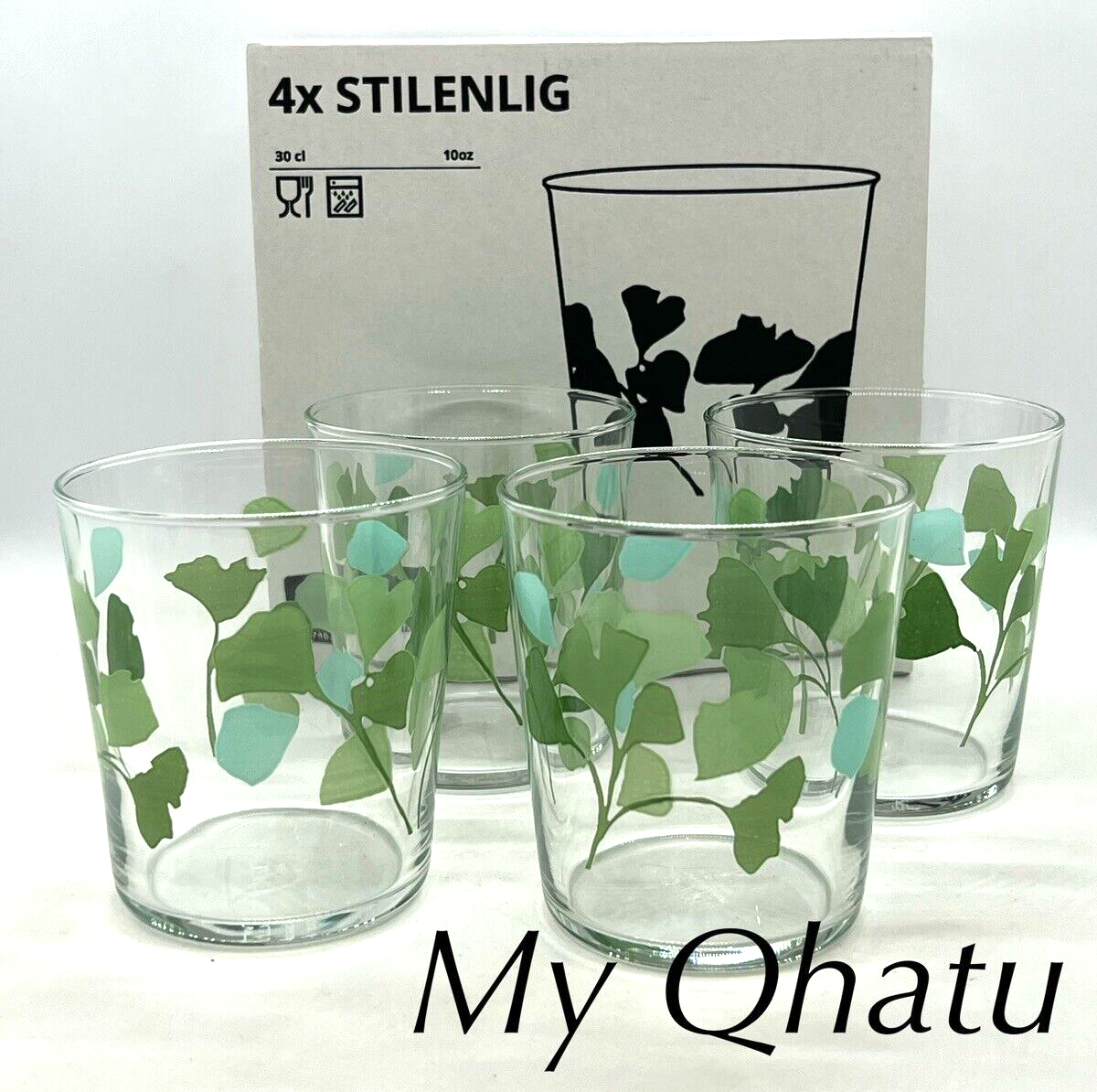 Ikea STILENLIG Glass, clear glass leaf patterned/green 10 oz, (4-PACK) NEW